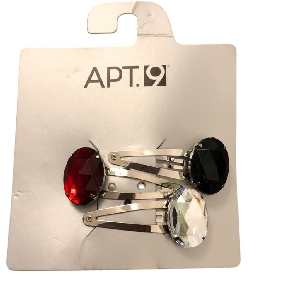 Apt.9 Jewel Hair Clips New on Card Set of 3 Red Black Crystal